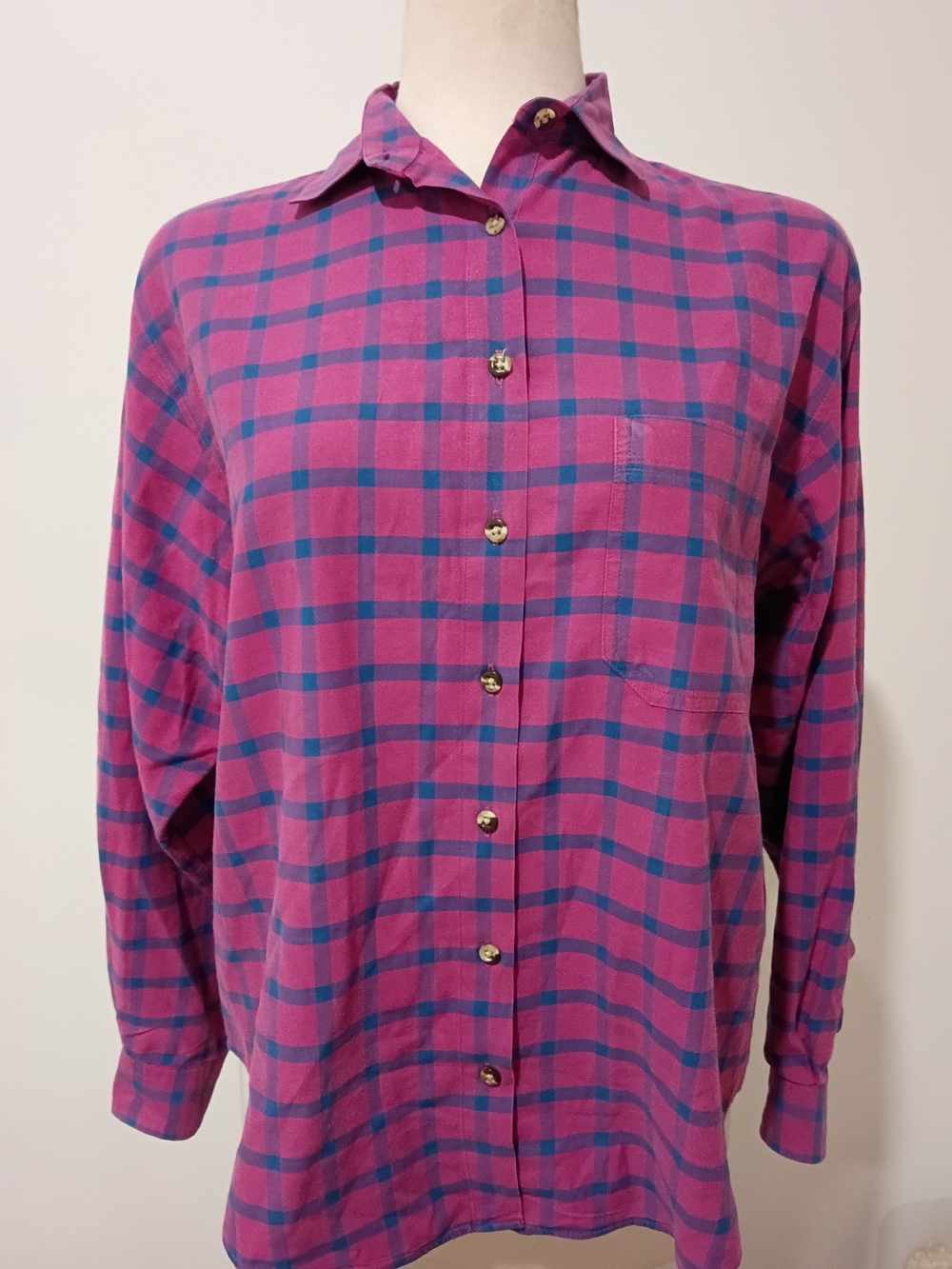 Vintage 80s 90s LL Bean Plaid Button Down Shirt Made in USA Pink Blue